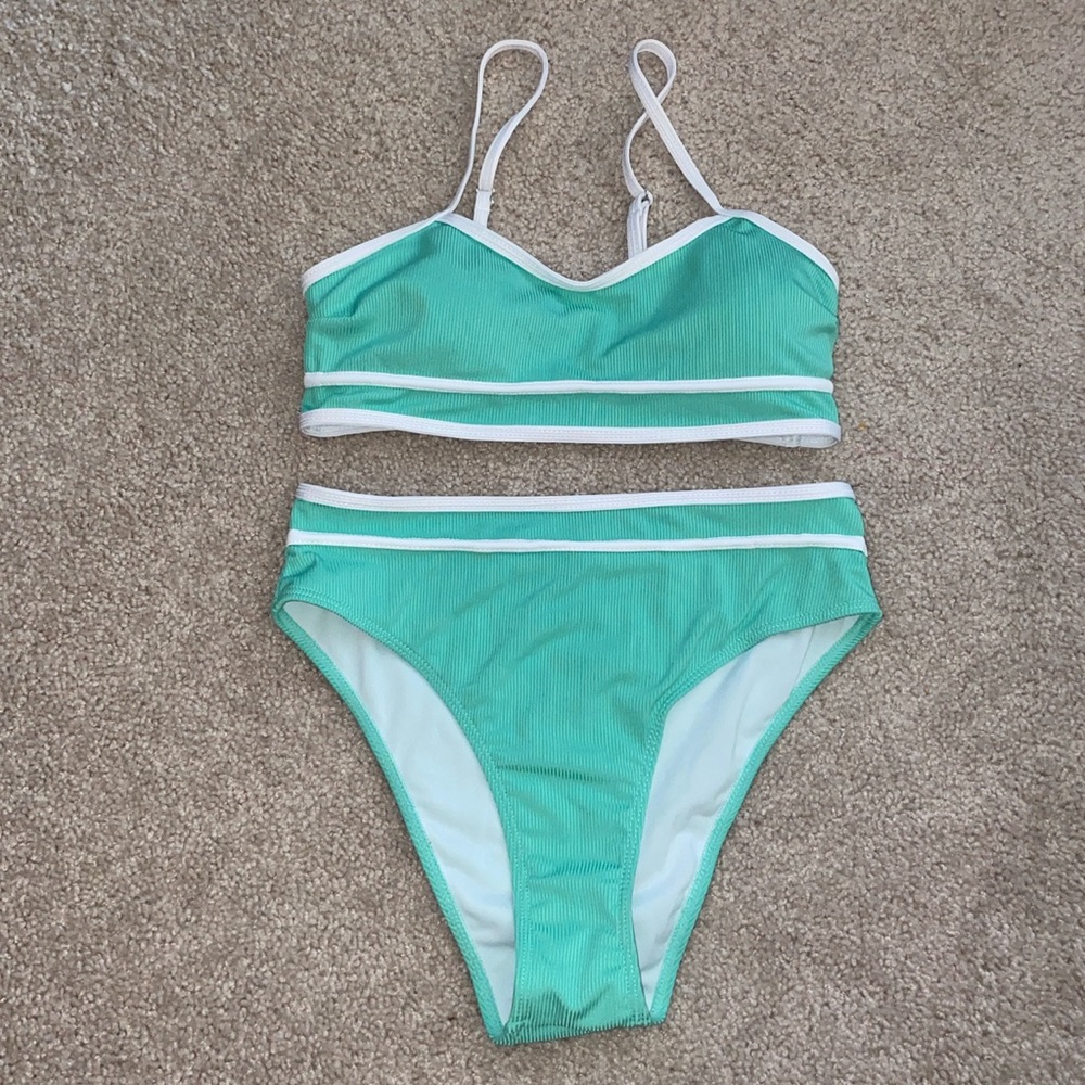 Teal & White Rib Contrast Binding Bikini Swimsuit